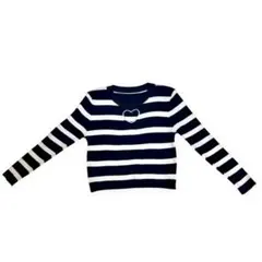 ハート刺繍 ボーダー リブニット 短丈