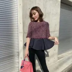 美品】近年モデル シェリエ sheller ツイードペプラムトップス ピンク 