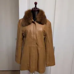 REAL LEATHER キャメル色　羊革レザーコート ファー襟付き 9号 M