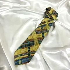 47★イエロー系　幾何学模様 シルク100%ネクタイ