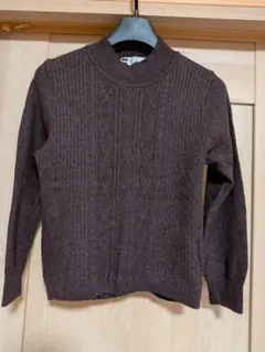 里麻　ダークブラウン ハイネック　ケーブル編み 　長袖セーター　M