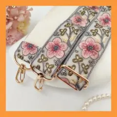 ショルダーストラップ【シルバーグレイ✕フラワー】インド刺繍　スマホストラップ