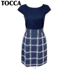 【美品】TOCCA 半袖ドッキングワンピース 2 ブロックチェック ネイビー