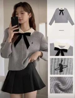 リボン付きグレーリブ編みセーター グレー SHEIN Mサイズ