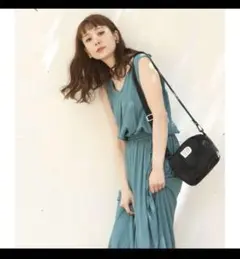 O136フリークスストアロングワンピースノースリーブグリーン無地ドロスト春夏