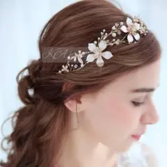 ゴールドフラワー ピンクパーティーヘッドドレスウェディング髪飾りブライダルローズ