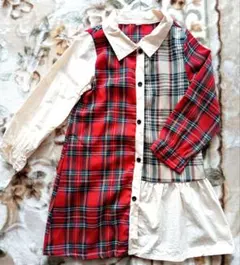 女の子 120cm シャツワンピース チェック 赤 ベージュ 長袖 キッズ