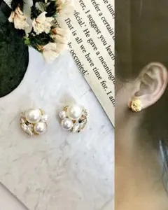 【01】キラキラ輝く上品なビジューとパールのピアス　シンプル　金属アレ対応