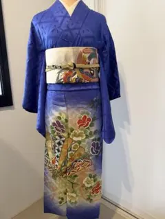 アンティーク訪問着と袋帯セット 鮮やかな瑠璃色扇面 鳳凰 結婚式卒入園大正ロマン
