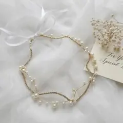 ヘッドドレス　ゴールド　パール　リボン　結婚式　前撮り　ブライダル　ウェディング
