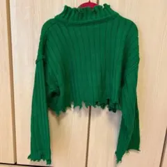 グリーンリブ編みタートルネックニット
