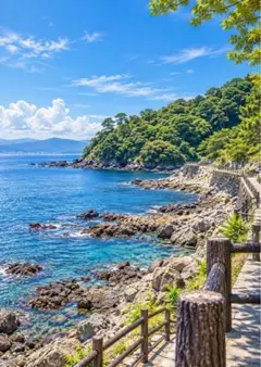 【イラスト】青い海と海岸線の風景 アートポスター