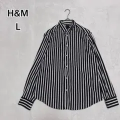 【H&M】黒 ストライプ 長袖シャツ L メンズ 春・秋 i5211