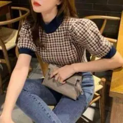 半袖ニット ベージュ ネイビー