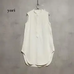美品・21年✨ヨリ ノーカラーフリルシャツ ブラウス ライトブルー M 