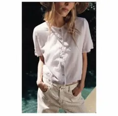 ZARA クルーネック 半袖カーディガン ライトパープルのサムネイル
