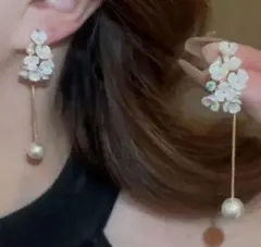 フラワー ゴールド ロング パール ピアス