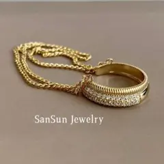 SS186 揺れる二連チェーン×CZダイヤ　イヤーカフ　ゴールド　インポート