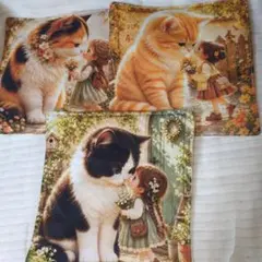 ガーゼハンカチ3枚セットパネル猫と女の子ハンドメイド
