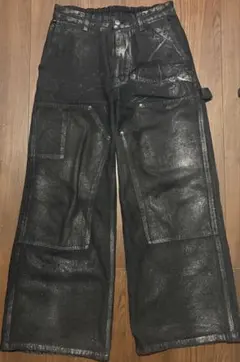 新品】CLEL 箔プリント ダブルニーデニムパンツ ブラックsサイズ