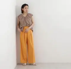 オレンジ コットン ワイドパンツ タック入り
