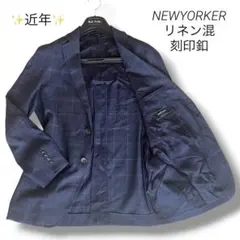 近年✨NEWYORKER リネン サマージャケット ネイビーチェック 刻印釦 Lのサムネイル