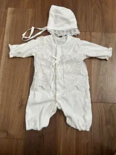 ホワイト レース装飾 ベビードレス 帽子付き