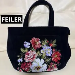 【美品】FELIER 花柄刺繍 ハンドバッグ 黒