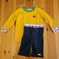 MIKI HOUSE　車刺繍付きイエロー長袖Tシャツズボンセット　90size