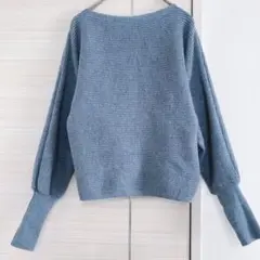 レディース リブ編み バルーン袖 青 ニット セーター　シンプル　無地