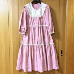 【訳あり】ロングワンピース　ティアードワンピース　ピンク系　レース　綿100%