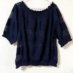 ネイビー レース編み 五分袖トップスＬＬサイズ 大きいサイズ