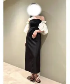 オフショルダー ブラック ロングドレス　ボデュームチュールドレス