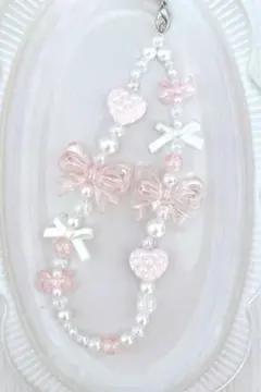 【現品限り】ピンクリボン×ハート〰︎︎ビーズストラップ C207