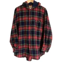 フード起毛チェックアクリルネルシャツ オーバーシルエット 赤×黒 パーカーシャツ