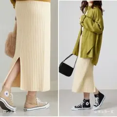 ワイドリブニットスカート バックスリット アイボリー レギュラー丈