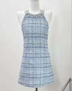 ツイードドレス　ワンホン 水色