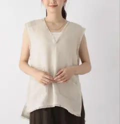 GLOBAL WORK フリンジVネックベスト ベージュ F ツイード風 ジレ