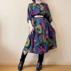 花柄 グラデーション 膝丈ワンピース 昭和レトロ ヴィンテージ 日本製 緑 紫