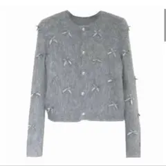 韓国　リボン付きグレー長袖カーディガン