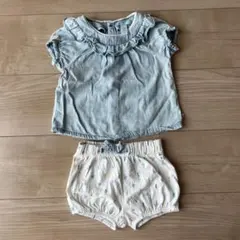オバイビ　デニム風フリルトップスとショートパンツセット
