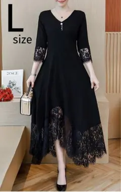 L レディース ワンピースドレス 結婚式 お呼ばれ 黒 ミモレ丈 レース 袖あり