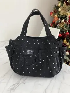 966大きめ黒地に白の水玉デニムリメイクバック　ハンドメイド