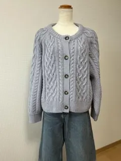 GU ケーブル編み クルーネック カーディガン ライトブルー XLサイズ