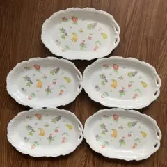 新品未使用品　昭和レトロ　洋食器　フルーツ　花柄　楕円形　洋皿　5枚セット