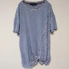 ◯トミーヒルフィガー ボーダー Ｔシャツ クルーネック ツイスト M 青 白 綿