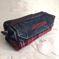 とても大きなキャラメルポーチ　Wポケット付き　デニムリメイク　ハンドメイド