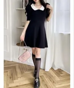 【美品】MIIA ミーア　襟付配色ニットフレアワンピース　ブラック