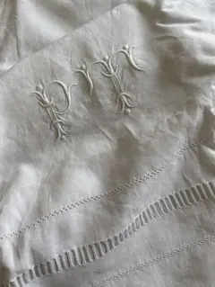 アンティーク フランス 総プチスカラップ イニシャル花文字刺繍 リネン