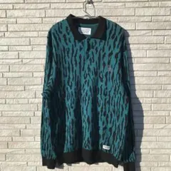 ワコマリア　ニット　ポロシャツ　L　レオパード　ブルー　シルク